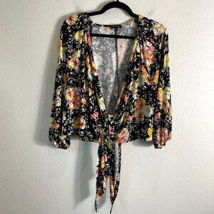 Lane Bryant Womens Plus 22/24 Floral Tie Front Top Long Sleeve Shirt